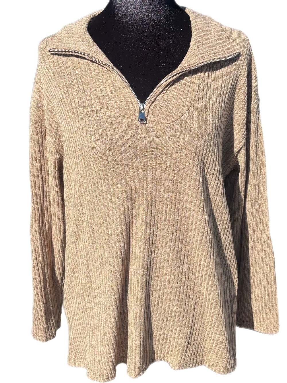 Ribbed Quarter-Zip Pullover - Tan Beige Mock Neck Knit - Large